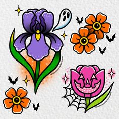 some flowers and bats on a white background