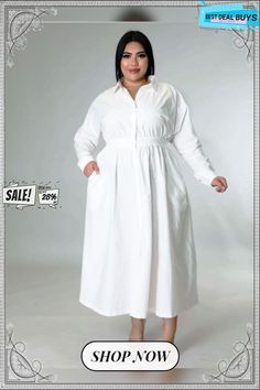 Plus Size Women's Solid Color Long-sleeved Shirt Dress Casual Long Sleeve Midi Dress For Daywear, White Long Sleeve Shirt Dress For Casual Wear, White Long Sleeve Shirt Dress For Casual Days, Chic Long Sleeve Cotton Shirt Dress, Chic Long Sleeve Cotton Midi Dress, Fall White Collared Midi Dress, Cotton Long Sleeve Midi Dress For Daywear, Long Sleeve Cotton Shirt Dress, Long Sleeve Relaxed Fit Shirt Dress For Casual Wear