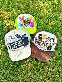 PLEASE READ THE ENTIRE LISTING: These LIMITED EDITION Patch Trucker Hats are the cutest thing we've ever seen. The hats are adorned with several stylish & trendy patches and then adorned with the brim chain you see in the photo! WHAT YOU WILL RECEIVE: 1 Trucker Hat with patches and matching chain as shown in photo. If you wish to purchase additional chains- your may do so at this listing: https://thememphismarketco.etsy.com/listing/1549277891 ** if you want something custom or want to make chang Cheap Curved Brim Trucker Hat Gift, Fun 5-panel Hat With Letter Print, White Letter Print Hat For Birthday, Novelty Mini Hats For Birthday, One Size Fits Most, Novelty Mini Hats For Birthday, Novelty Mini Hats For Birthdays, One Size Fits Most, Cute Snapback Hat With Curved Brim, Cute Adjustable Trucker Hat, Novelty Mini Hats For Birthdays