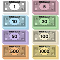 The Apostrophe Games play money arrive in a convenient 720set, with 8 denominations, 90 bills each: $1, $5, $10, $20, $50, $100, $500 & $1000. The bills are differentiated with various classic colors: White, Pink, Light Blue, Light Green, Lilac, Beige, Orange, and Yellow. Chance Cards Monopoly, Monopoly Deal Card Game, Monopoly Game Pieces, Monopoly Pieces, Vintage Monopoly Game, Toy Money, Play Money, Poker Games, Basic Math Skills