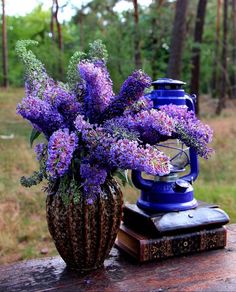 purple flowers in a vase sitting on top of a table next to an old book