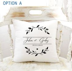 a white chair with a pillow on it and the words, option a written in black