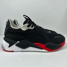 - Puma - Brand New Condition, Never Worn - Size Us 10.5 (28.5cm) - Black/Red/White Shoes Is Photos Is The Exact Pair You Are Purchasing. Your Satisfaction Is Very Important To Me, Please Reach Out If You Have Any Questions. Shop With Confidence Thank You For Stopping By. Black Puma Sneakers For Sports, Black Running Shoes With Red Sole, Synthetic Material, Synthetic Sneakers With Red Sole For Jogging, Sporty Black Puma Sneakers, Black Puma Running Sneakers, Black Puma Sneakers For Running, Black Low-top Running Shoes With Red Sole, Black Lace-up Puma Running Shoes, Black Lace-up Running Shoes With Red Sole