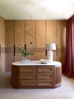 a living room with wooden paneling and a plant on the counter in front of it