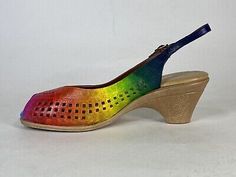 Vintage 1980's hand-painted RAINBOW color leather wedge heels peep toe shoes 7.5 | eBay Vintage Shoes Women, Painted Rainbow, Leather Paint, Peep Toe Shoes, Antique Clothing, Rainbow Color, Back To Life, Leather Wedges, Toe Shoes