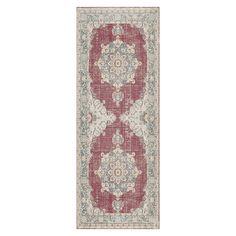 a red and white rug with an ornate design on the bottom, in front of a white background