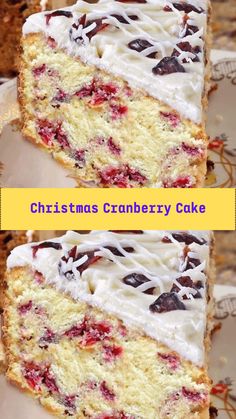 two pictures of christmas cranberry cake with white frosting