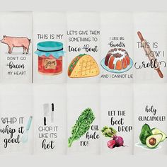 six tea towels with different types of food on them