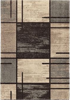 an area rug with squares and lines on the floor in brown, beige, gray and white colors