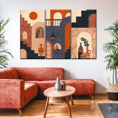 a living room with two paintings on the wall