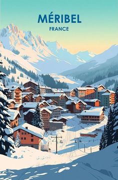 an image of a snowy mountain town with trees and mountains in the backgroud