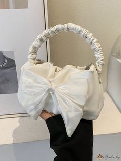 Bird in Bag - Elegant Pleated Crescent Moon Shape Womens Handbag Featuring Cloud Shaped Handle, Butterfly Knot, and Scarf Embellishment. Versatile Casual Mini Bag with Metal Chain and Shoulder Strap for Crossbody or Single Shoulder Wear. White Party Bag With Bow, White Party Bags With Bow, White Wedding Shoulder Bag For Summer, White Bags For Formal Summer Occasions, White Formal Bag For Summer, Feminine White Bag For Party, Feminine White Party Bag, Ruched Bag, Womens Handbag