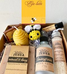 the bee love gift box contains handmade soaps, honey scrubs and lotion