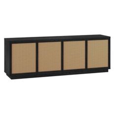 a black and brown cabinet with woven panels