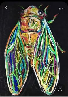 a painting of a colorful insect on a black background