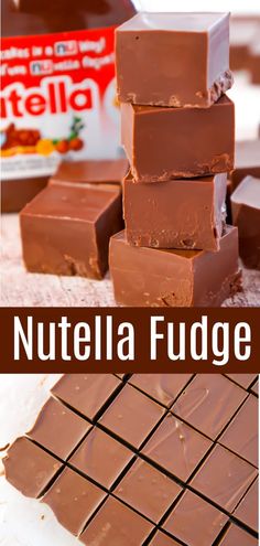 nutella fudge chocolate bars stacked on top of each other with the text overlay