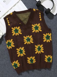 Men's Knitted Chrysanthemum Sweater Vest Brown Casual   Knitwear Colorblock,Floral,Plants,All Over Print  Medium Stretch Fall,Spring,Spring/Fall,Winter,All,Fall/Winter Men Clothing, size features are:Bust: ,Length: ,Sleeve Length: Sweater Vest Brown, Mens Sweater Vest, Sweater Vest Mens, Casual Knitwear, Sweater Vests, Knit Sweater Vest, Mens Sweater, Pink Men, Y2k Clothes