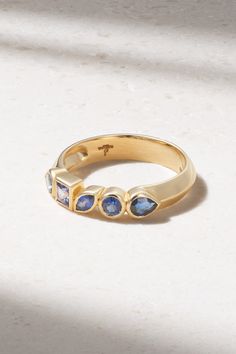 Sorellina's ring is traced with sapphires in geometric bezel settings - a brand signature. The band is handcrafted from 18-karat gold and looks beautiful alone or stacked. Gift it to your daughter or fiancé as their 'something blue'. Whimsical Engagement Ring, Sapphire Gold Ring, Bezel Band, Coastal Jewelry, Emerald Ring Gold, Blue Ring, Gold Signet Ring, Diamond Bar