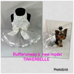 Precious white Bridal dog / pet dress. Bodice is rosette satin and lined. Beautiful white satin bow at waist adorned with elegant sequin button (buttons may vary). Layered gathered tulle skirts trimmed with white satin ribbon on each layer NOTE: D RING NO LONGER AN OPTION ON THIS DRESS If available, other colors can be requested WANT A MORE CUSTOMIZED FIT FOR YOUR PET?     1:  Follow the measuring instructions below     2: Order from the size chart below using your pet's CHEST/WAIST or LENGTH measurements ... WHICHEVER IS       LARGER)       3:  Put your pet's measurements in the notes when ordering (Chest, Neck, and Length) HOW TO MEASURE:     Chest/waist Circumference: Measure around the tummy HALF-WAY DOWN DOG'S BACK     Neck Circumference: Measure around the base of the neck or the lar Formal Dog, Dog Wedding Dress, Dress Bodice, Dress Tutu, Cat Wedding, Tulle Skirts, Pet 1, Pet Dress, Dog Dress