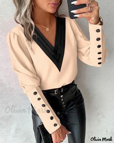 Olivia Mark - Contemporary Contrast Paneled Gigot Sleeve Buttoned Blouse Upscale Fashion, Women White Blouse, Casual Shirt Women, Autumn 2023, Streetwear Tops, Straight Dress, Style Office, Office Lady, Streetwear Women