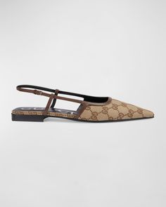 Gucci Demi Monogram Canvas Slingback Ballerina Flats Monogram Shoes, Gucci Flats, Slingback Flats, Brown Leather Bag, Slingback Shoes, Trending Handbag, Slingback Heel, Ballerina Flats, Pretty Shoes