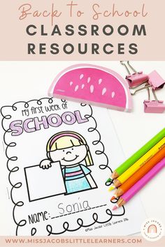 the back to school classroom resources is shown with colored pencils and watermelon