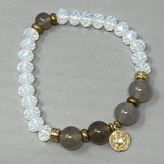 Stone Bracelet Brown Gemstone White Glass Bead Dangle Charm Stretch Chakra 6.75 Moonstone Jewelry With Round Natural Stones, Adjustable Moonstone Bead Jewelry, Adjustable Beaded Moonstone Jewelry, Bohemian Stretch Bracelet With Round Beads And Stones, Spiritual Brown Beaded Bracelets With Gemstone Beads, Bohemian Moonstone Beaded Bracelets With 8mm Beads, Spiritual Round Beaded Charm Bracelet, Beaded Moonstone Crystal Bracelet With Round Beads, Adjustable Moonstone Jewelry With Round Beads