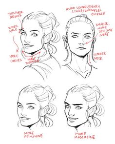 some sketches of different faces and hair styles for the female character in this video game