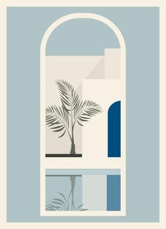 Minimalist Moroccan architecture landscape view through window. White simple style architecture. Water and palms near palace. Vector illustration View Through Window, Interior Shop Display, Hills Wallpaper, Colour Sketches, Minimalistic Architecture, Window Vector, Moroccan Architecture, Senior Housing