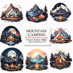 the mountain and camping badges are shown in different styles, including one for each camper