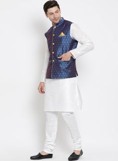 VASTRAMAY Men's Blue Zari Weaved Jacket With Kurta Pyjama Set The VASTRAMAY Men's Blue Zari Weaved Jacket With Kurta Pyjama Set offers a sophisticated and regal look, perfect for traditional events and celebrations. This ensemble ensures both style and comfort, making it an excellent choice for special occasions. Features of VASTRAMAY Men's Blue Zari Weaved Jacket With Kurta Pyjama Set Rich blue color for a timeless and elegant appearance. Includes a kurta, zari weaved jacket, and pyjama crafted Blue Nehru Jacket With Stand Collar For Winter, Blue Winter Nehru Jacket With Stand Collar, Blue Nehru Jacket With Stand Collar For Festive Occasions, Festive Blue Nehru Jacket With Stand Collar, Blue Kurta With Stand Collar, Blue Nehru Jacket With Long Sleeves For Winter, Blue Long Sleeve Nehru Jacket For Winter, Men's Kurta Pajama, Silk Kurta Set