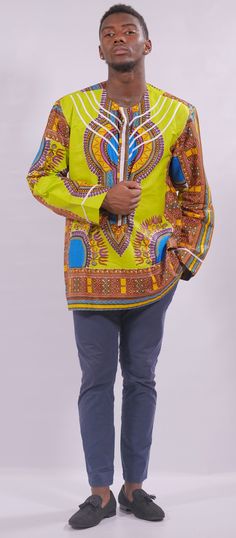 Men's tailored Dashiki shirt made with very Quality Dashiki Fabric. Ready To Ship CARE INSTRUCTIONS:  Dry Clean Recommended DO NOT BLEACH Press with warm iron on the wrong side ALL SALES ARE FINAL Casual Multicolor Long Sleeve Kurta, Casual Yellow Long Sleeve Kaftan, Fitted Cotton Long Sleeve Kaftan, African Dashiki Shirt, Dashiki Shirt, Mens Tailor, African Dashiki, Ankara Fabric, Personal Checks