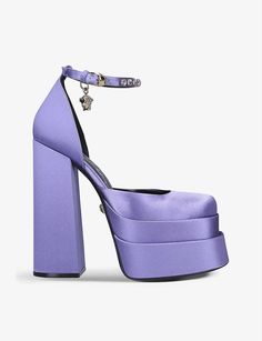 VERSACE - Medusa Aevitas embellished satin platform sandals | Selfridges.com Versace Mary Jane Heels, Versace Medusa Heels, Medusa Heels, Medusa Aevitas Platform, Purple Sandals, Sky High, Platform Sandals, Heeled Mules, Mule Shoe