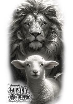 a lion and a lamb are shown in this black and white photo