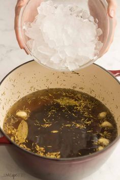 a person pouring water into a pot filled with ice