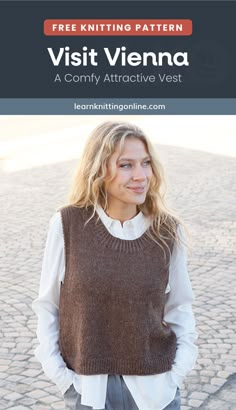 a woman standing in front of a brick road wearing a brown vest and white shirt