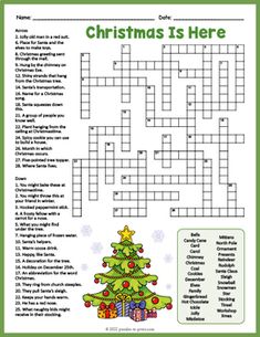 the christmas is here crossword puzzle game with answers and answer sheets for children to read