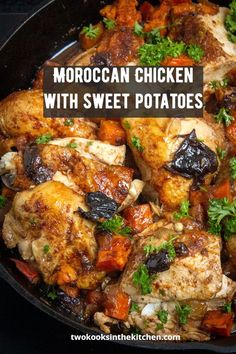 moroccan chicken with sweet potatoes in a skillet