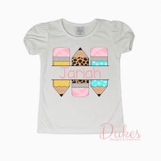 Back to School Pencil Tee Cute School Tops With Name Print, Fun School Tops With Name Print, Playful Cotton Tops For Back To School, Playful Crew Neck Tops For Back To School, Fun Short Sleeve Tops For School, Back To School Pink Graphic Print Tops, Pink Graphic Print Top For Back To School, Cute Fitted T-shirt For School, Cute Graphic Print Tops For Back To School