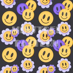 a bunch of smiley faces with different expressions on them, all in purple and yellow