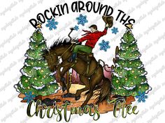 a man riding on the back of a brown horse next to christmas trees with snowflakes