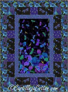 a blue and black square with purple flowers in the center, surrounded by butterflies on it