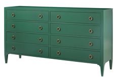 a green dresser with brass knobs on the top and bottom drawers, against a white background