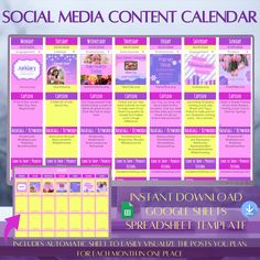 the social media content calendar is displayed in purple and yellow colors, with an image of a