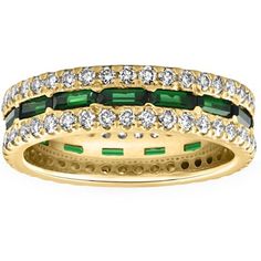 a yellow gold ring with green and white stones on the sides, surrounded by diamonds