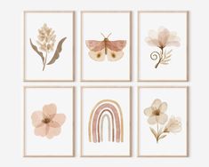 four framed art prints with flowers, butterflies and a rainbow on them in neutral tones