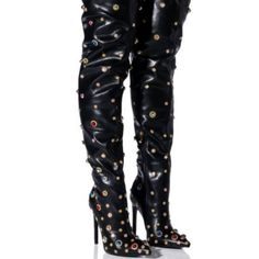 Hey, Queen! Live Royally In The Azalea Wang " Jeweled Journey " Embellished Above The Knee Boot In Black. These Ornate Boots Feature A Vegan Leather Upper, A Curved Thigh High Shaft, A Slim Stiletto Heel, A Pointed Toe Silhouette, And An Inner Ankle Zipper Closure. Complete With Faux Gold Metallic Hardware And Rhinestone Gemstone Detailing Throughout. - Faux Patent Leather Upper - Pointed Toe - Stiletto Heel - 24” Shaft Height, 28” Highest Shaft Height - 4.75” Heel Height - Imported Queen Live, Appetizer Buffet, Rhinestone Boots, Azalea Wang, Chic Leather, Knee Boot, All Black Everything, Boot Brands, Louboutin Shoes