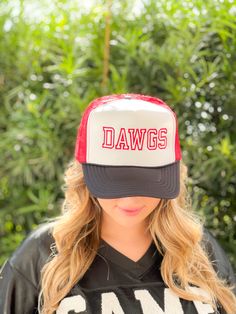 Custom Team Sports Name - Dawgs Trucker Hat- Georgia Foam Vintage Trucker Hat Unisex Adult Size - Pick Your Colors by thepurplepetunia on Etsy Cheap Collegiate Hats For Sports Events, Cheap Sports Trucker Hat With Embroidered Logo, Game Day Letter Print Trucker Hat With Flat Bill, Collegiate Trucker Hat For Baseball Season, Baseball Cap With Sweatband For Sports, Cheap Trucker Hat For Sports Events In Team Colors, Sports Fan Hat With Letter Print For Game Day, White Trucker Baseball Cap For Fan Gear, One Size Trucker Hat With Visor For Sports Events