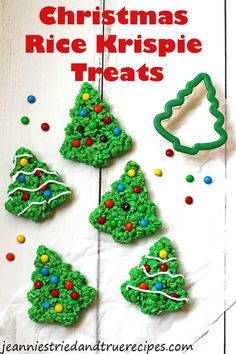 christmas rice krispie treats are arranged on a white surface with the words, christmas rice krispies treats