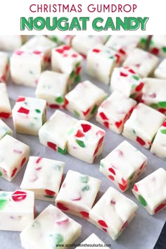 christmas gumdrop nougat recipe on a sheet of baking paper with text overlay